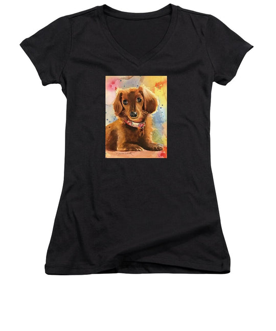 Longhair Dachsund - Women's V-Neck